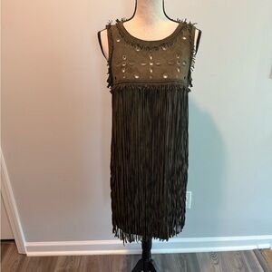 Chelsea & Violet Faux Suede Olive Green Fringe Boho Dress NWT size Medium